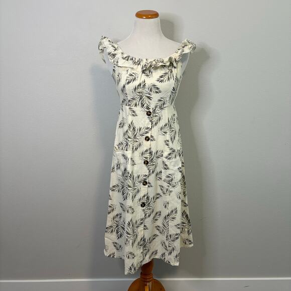 By Together Sleeveless Midi Dress Ruffle Neckline Button Palm Print -‎ Small - Picture 1 of 6